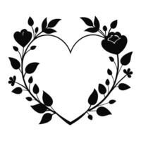a black and white heart shaped frame with flowers and leaves vector