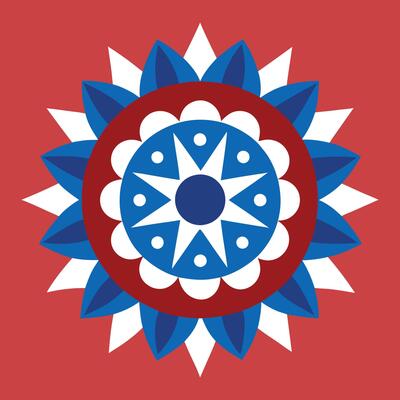 a red, white and blue flower on a red background