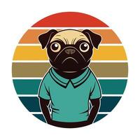 a pug dog wearing a shirt and standing in front of a colorful background vector