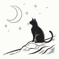 black cat sitting on the edge of a cliff looking at the moon vector