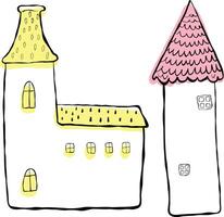 Set of houses, blowing. Children's illustration, hand-drawn, imitation ink. Houses with yellow and pink roofs vector