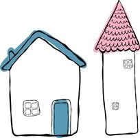 Set of houses, blowing. Children's illustration, hand-drawn, imitation ink. A house with a blue door and a blue roof, a house with a pink roof vector