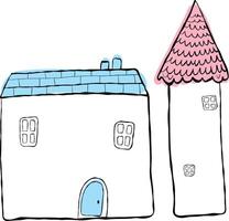 Set of houses, blowing. Children's illustration, hand-drawn, imitation ink. House with a blue roof and a house with a spicy pink roof vector