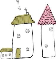 Set of houses, blowing. Children's illustration, hand-drawn, imitation ink. Houses with pink and green roofs, hearts flying from the chimney vector