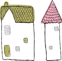 Set of houses, blowing. Children's illustration, hand-drawn, imitation ink. House with a flat green roof and a house with a sharp pink roof vector