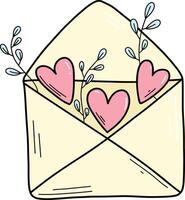 Single happy Valentines day envelope with pink hearts flying . Hand drawn envelope with declaration vector