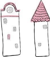 Set of houses, blowing. Children's illustration, hand-drawn, imitation ink. Houses with pink roofs vector