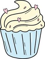 Muffin topped with whipped cream and sweet sprinkles. Baked pie. Dragee, sweets, caramel in the shape of a heart. Cupcake in paper wrapper. For package, menu vector