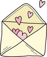 Single happy Valentines day envelope with pink hearts flying . Hand drawn envelope with declaration of love on Valentine's day. Send love message in envelope on Valentine's, Mother's or Women's Day vector