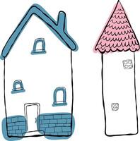Set of houses, blowing. Children's illustration, hand-drawn, imitation ink. Houses with pink and blue roofs vector