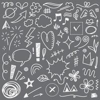 Doodle collection of hand drawn cartoon expression sign doodles, curve direction arrows, emoticon effect design elements, cartoon character emotion symbols, cute decorative brush stroke lines. vector