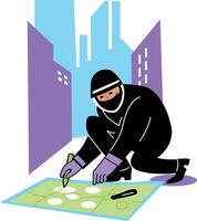 A flat illustration of a character finding clue from crime scene vector