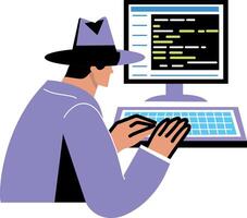 A character doing computer hacking, illustration in flat style vector