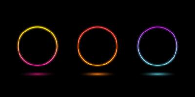 Set of illuminate frame design. Abstract cosmic vibrant color circle backdrop. Collection of glowing neon lighting on dark background. Futuristic style vector