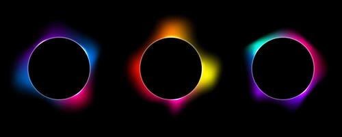 Set of illuminate frame design. Abstract cosmic vibrant color circle backdrop. Collection of glowing neon lighting on dark background. vector