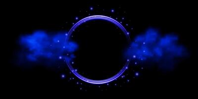 Purple glowing, neon, magical, round frame, circle with stars and clouds, fog. Fairytale, magical, futuristic design element vector
