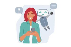 Chatbot helps woman through mobile application on phone, providing advice and technical support vector