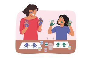 Creative pastime of mother and daughter, drawing pictures with palms, of enjoying joint hobby vector