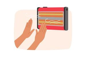 Hands near electric heater that allows to stay warm in cold winter weather and avoid colds vector