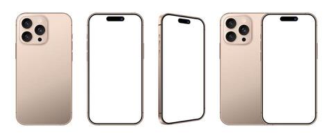 Latest smartphone device with front side and back view mockup set. Realistic gold mobile phone blank screen template for product advertisement and social media user interface design vector