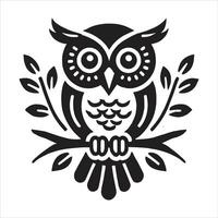 An owl is sitting on a branch with leaves vector