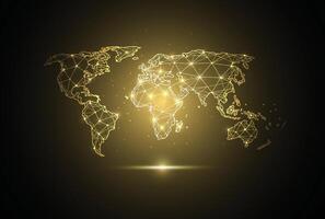 Abstract global network connection on gold background. World map point and line composition concept vector