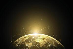 Abstract global network connection on gold background. World map point and line composition concept of global vector