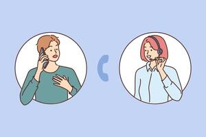 Client contacts customer support and talks on phone with female hotline operator vector