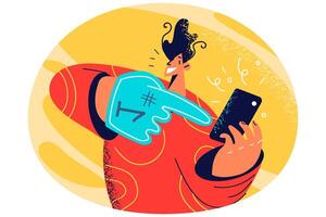 Smiling man point at cellphone vector
