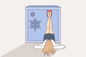 Safe with money near woman lying upside down, enjoying relaxation and having financial reserves vector
