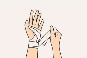 Wrapping bandage around injured arm of person who has suffered fracture or crack in bone vector
