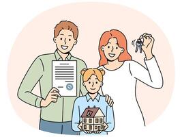 Happy family parents and daughters are holding keys and model house urging them to take out mortgage vector