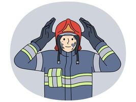 Man firefighter in uniform with traces of soot on face after extinguishing burning building vector
