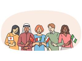 Students different nationalities hold state flags inviting them to take part in educational exchange vector