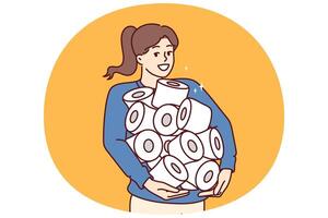 Pile of toilet paper in hands of happy woman stocked up in case of quarantine or hurricane threat vector