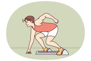Man sprinter prepares for race at running standing in starting position in sports stadium vector