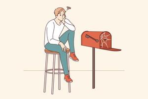 Lonely man is waiting for letter, sitting by empty mailbox covered with cobwebs. vector