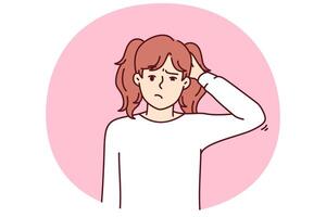 Confused little girl scratching head and looking at screen not knowing right answer to question vector