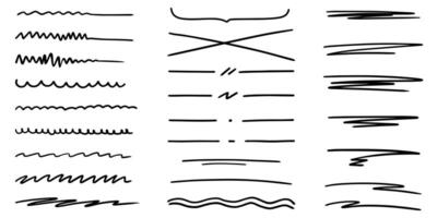 Set of abstract curved hand drawn lines, underline, highlight lines, underline strokes, scribbles, dots, dashes. Wavy, straight, curved lines. vector