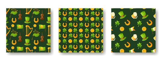 Set of seamless patterns for St. Patrick's Day on a green background. Pattern with the image of coins, shamrock, clover and leprechaun hat. Festive texture, background vector