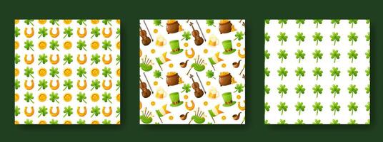 Set of seamless patterns for St. Patrick's Day on a white background. Pattern with the image of coins, shamrock, clover and leprechaun hat. Festive texture, background vector