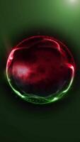 A red-green abstract planet-like sphere rotates in virtual space on a blue background, emitting energy. video