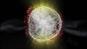 A sphere surrounded by fiery particles moves like a drop of water in weightlessness and changes position like a cell of a living organism. video