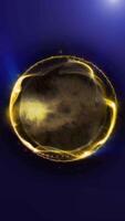 A golden abstract planet-like sphere rotates in virtual space on a blue background, emitting energy. video