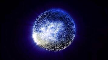 Abstract purple bright glowing background with a sphere core atom energy video