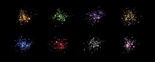 Glowing magic sparkles. Glittering dots, particles and stars. Glow flare light effect. Luminous points different colors. Particles on black background. vector