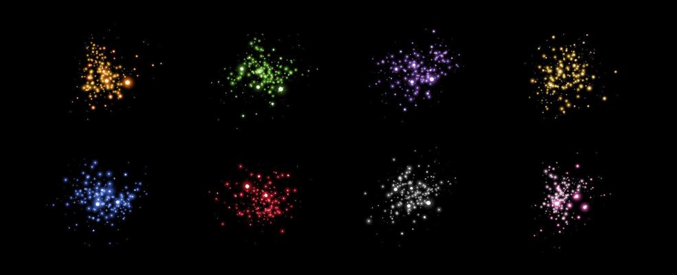 Glowing magic sparkles. Glittering dots, particles and stars. Glow flare light effect. Luminous points different colors. Particles on black background.