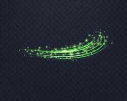 Glowing green lines with glowing particles. Dynamic neon realistic energy speed wave. Abstract curve twirl light effect on a dark background vector