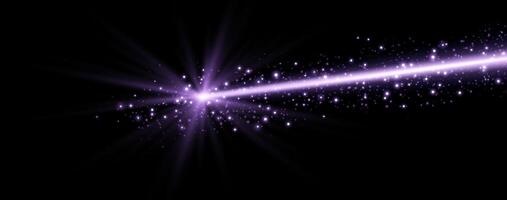 Purple horizontal laser beam. Neon line, presentation pointer. Purple glow flare light effect. Isolated on dark background. vector