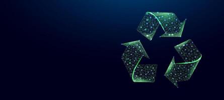 Recycling sign, glowing blue lowpoly wireframe on a dark background. Concept of Environment day. vector